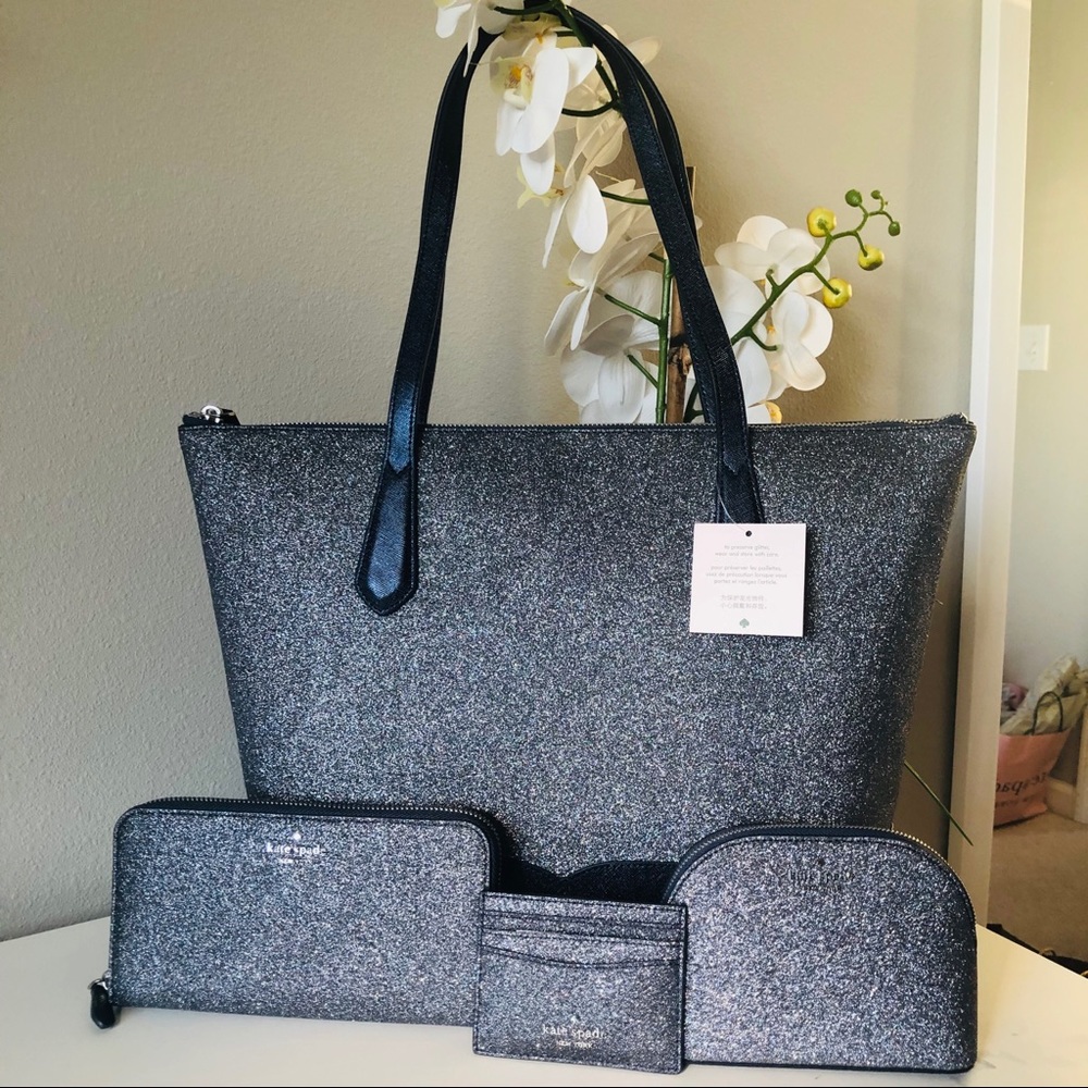 KATE SPADE LOLA GLITTER LARGE TOTE 4PC SET NWT - Picture 1 of 12